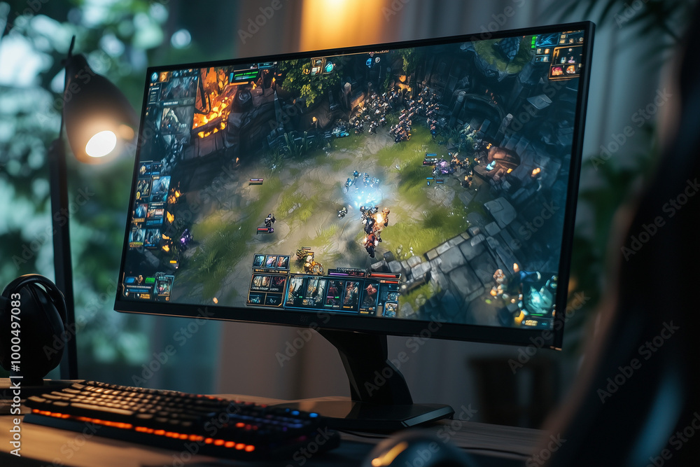 Battle Station: A Monitor Displaying an Intense Multiplayer Online ...