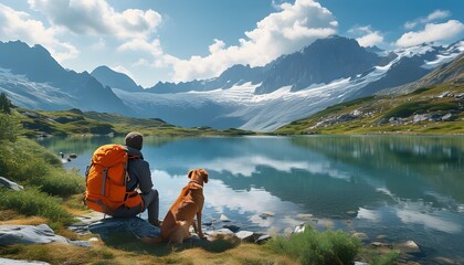 Wall Mural - Hiker with an orange backpack and dog relaxing by a serene mountain lake surrounded by stunning natural scenery