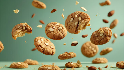 Almond cookies and whole almonds floating in mid-air, showcasing a dynamic, tasty snack scene.