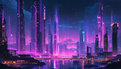 Futuristic cityscape radiating with glowing purple neon lights and towering structures illuminating the vibrant night sky.