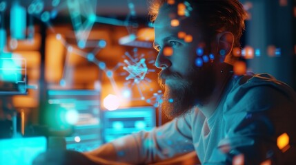A tech-savvy programmer deeply engaged in coding, surrounded by floating data visualizations and technological graphics. The intense focus and glowing data elements emphasize innovation and modern
