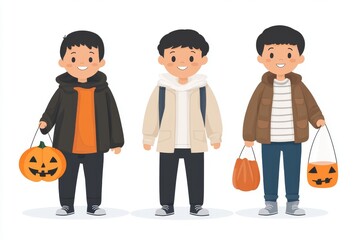 Cartoon style illustration of three kids in casual clothing holding jack o lanterns ready for trick or treating on Halloween night with cheerful expressions