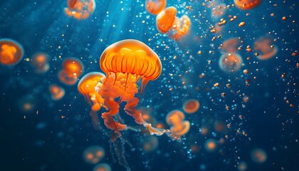 Wall Mural - Enchanting underwater spectacle of radiant orange jellyfish gliding through sunlit waters surrounded by lively bubbles