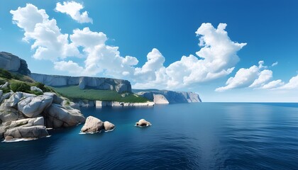 Breathtaking coastal scenery showcasing rugged cliffs, vibrant blue sky, and tranquil sea beneath soft white clouds