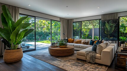 Wall Mural - Modern living room with natural light and greenery.