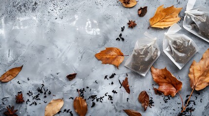 Flat lay composition with tea bags and autumn leaves on grey background