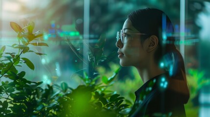 A woman wearing glasses is seen closely observing indoor greenery, while a digital interface floats in the air. The image blends nature with futuristic technology, portraying innovation and