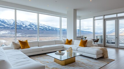 Wall Mural - Modern living room with mountain view and cozy decor.