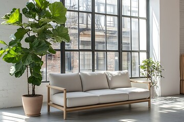 Sticker - Modern living room with a sofa and indoor plants.