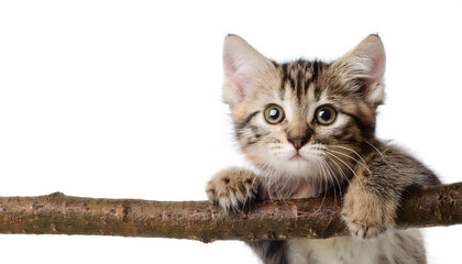 Funny photo of cute tabby kitten hanging from a tree branch and looking into the camera, portrait on white background isolated with free place for text
