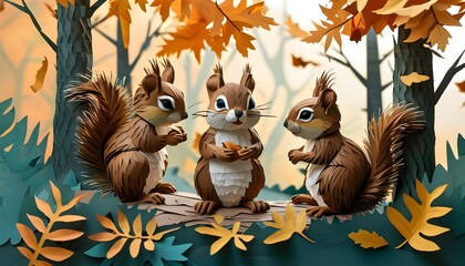 Wall Mural - Charming nursery scene of baby squirrels playing amidst colorful autumn foliage in a whimsical paper cut illustration