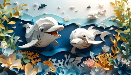 whimsical papercraft illustration of a smiling dolphin swimming in the sea surrounded by playful baby animals in a nursery setting