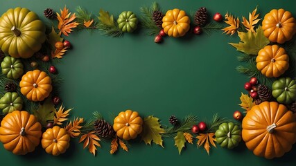 Thanksgiving decoration border 3D rendering in green background