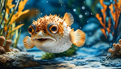 joyful baby puffer fish swimming in the sea, delightful nursery-themed papercraft illustration