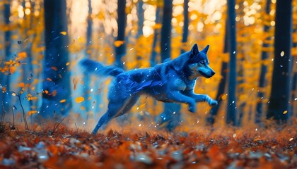 Wall Mural - Dynamic Blue Perspective Through an Autumn Forest