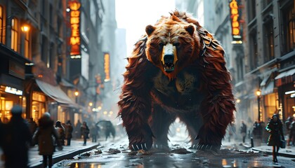 Wall Mural - Mutant Bear Monster Terrorizes Metropolis as Chaos Erupts on City Streets