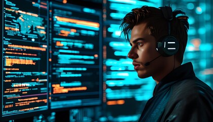 Futuristic coder immersed in AI programming and digital software development, focusing on data analysis and cyber security under a night sky illuminated by holograms