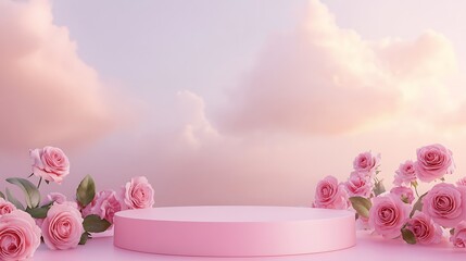 Pink podium with pink roses and cloudy sky for product display.