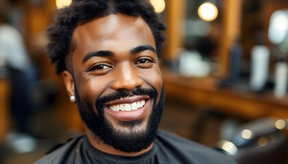 Confidently smiling black man in a close-up portrait, showcasing clear skin and a well-groomed beard in a vibrant salon, radiating pride and joy in hair care.