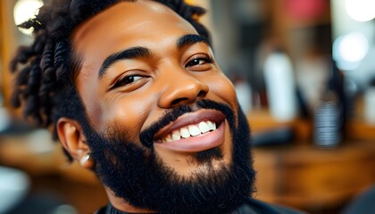 Confidently smiling black man in a close-up portrait, showcasing clear skin and a well-groomed beard in a vibrant salon, radiating pride and joy in hair care.