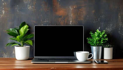 Wall Mural - Cozy workspace setup with laptop, coffee cup, and potted plant on wooden table, featuring empty screen for advertising mockup and creative inspiration.