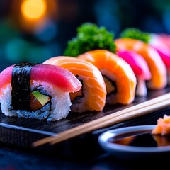 Canvas Print - Vibrantly colored beautiful sushi with a blurred simple background. 