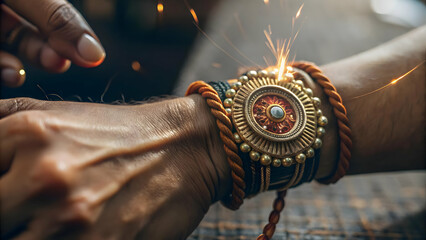 Wall Mural - Futuristic Close-Up of Bhai Dooj Rakhi Tying: Macro Shot of Intricate Threads on Wrist with Glowing Contrast for Photo Stock Concept