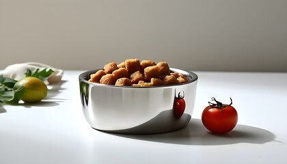 Wall Mural - Sleek Stainless Steel Dog Bowl with Minimalist Design and Fresh Food Arrangement