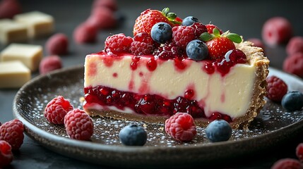 Slice of cheesecake with raspberry sauce and fresh berries.