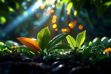 a vibrant forest landscape, with every leaf, branch, and patch of sunlight rendered in hyper-realist