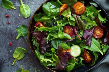 Top view of a bowl of mixed greens and vegetables, with room for copy around the bowl