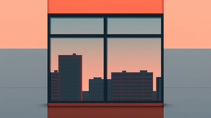 Modern City Window View: Inside a room, a window frames a cityscape with large, detailed buildings. The urban view is captivating both during the day and night. High resolution Illustration, in the