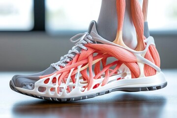 Foot biomechanics diagram, showing how the muscles and tendons work together during movement like walking and running