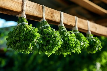 Fresh organic herbs drying in bundles, hanging from a rustic wooden beam in a sunny kitchen