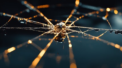 Dewdrops on Spiderweb with Golden Bokeh Lights