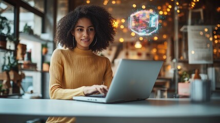 Very realistic and photographic photo of a young marketer interacting with a laptop and a holographic display focused on business innovation. The photograph is styled like a high-end lifestyle