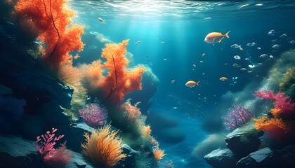 Wall Mural - Enchanting underwater realm with vibrant marine life and abstract forms, perfect for artistic wallpaper inspiration