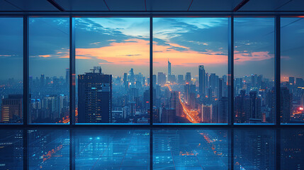 Canvas Print - Inside the room, looking out the window reveals a stunning cityscape of modern, intricate buildings, providing a beautiful view in both the bright day and the illuminated night. High resolution