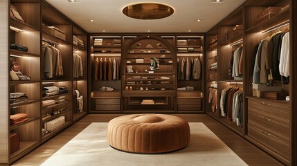 Modern Walk-In Closet with Brown Wooden Shelving and a Brown Ottoman