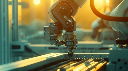 Wall Mural - A detailed view of a precision robotic arm in a state-of-the-art manufacturing plant. The soft lighting and background blur emphasize the sophistication of the automated process in this modern