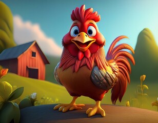 Poster - Cute Cartoon Rooster Character on a Farm