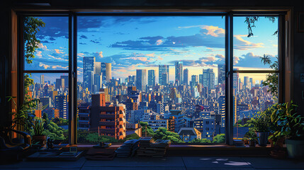 Poster - Through the window, the cityscape seen from inside the room is a stunning display of modern, intricate buildings, beautiful in both the light of day and the dark of night. High resolution