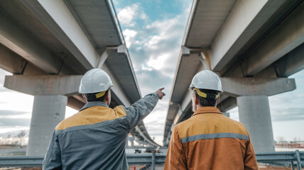 two men wearing hard hats pointing at a bridge. one of the men is wearing a yellow jacket