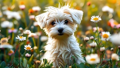 Charming illustration of a fluffy white puppy among vibrant flowers, perfect for a nursery and celebrating the joy of baby animals