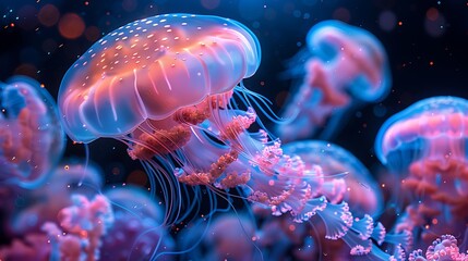 Wall Mural - A group of jellyfish swim in a dark blue water with a vibrant pink and blue glow.