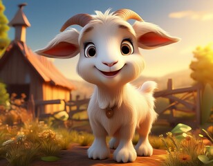 Canvas Print - Cute Cartoon Goat Chararcter on a Farm