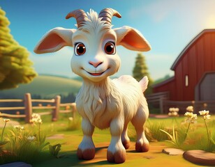 Sticker - Cute Cartoon Goat Character on a Farm