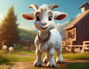 Canvas Print - Cute Cartoon Goat on a Farm