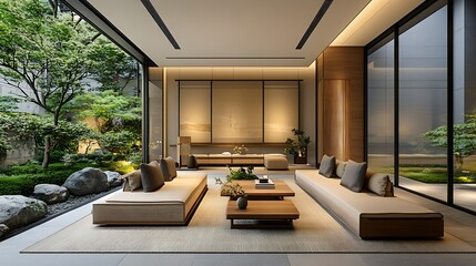 Wall Mural - Modern living space with serene garden view.