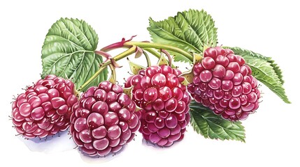 A cluster of four ripe raspberries with green leaves on a white background.